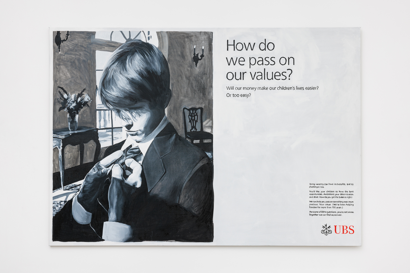 One image shows a man adjusting a young boy's tie. Next to the picture it says "How do we pass on our values? Will our money make our children's lives easier? Or too easy? The UBS logo is shown below.